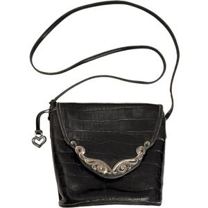Brighton Black Croc Embossed Flap Leather Purse Crossbody Shoulder Bag